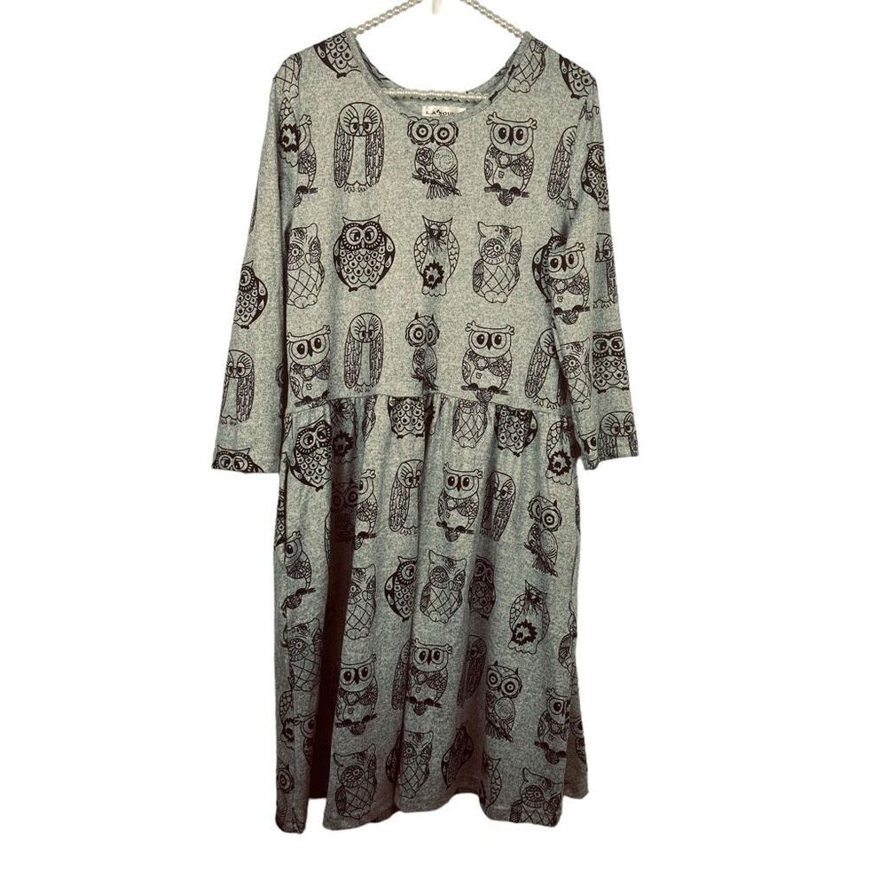 LA Soul dress Wear with Style Gray Navy Owl Prints Soft Knit Large
